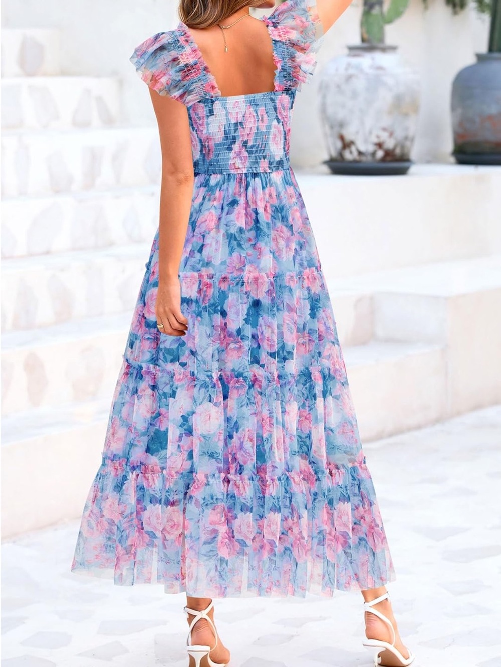 Smocked Square-Neck Maxi Dress - Blue Pink Floral - Picture 4 of 4